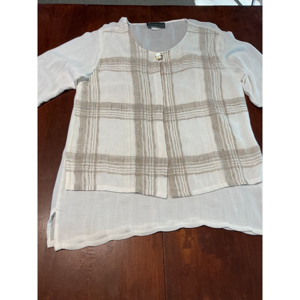 Arthur Max Womens Plaid Layered Tunic Top White Tan Button Front Size M 5M2077